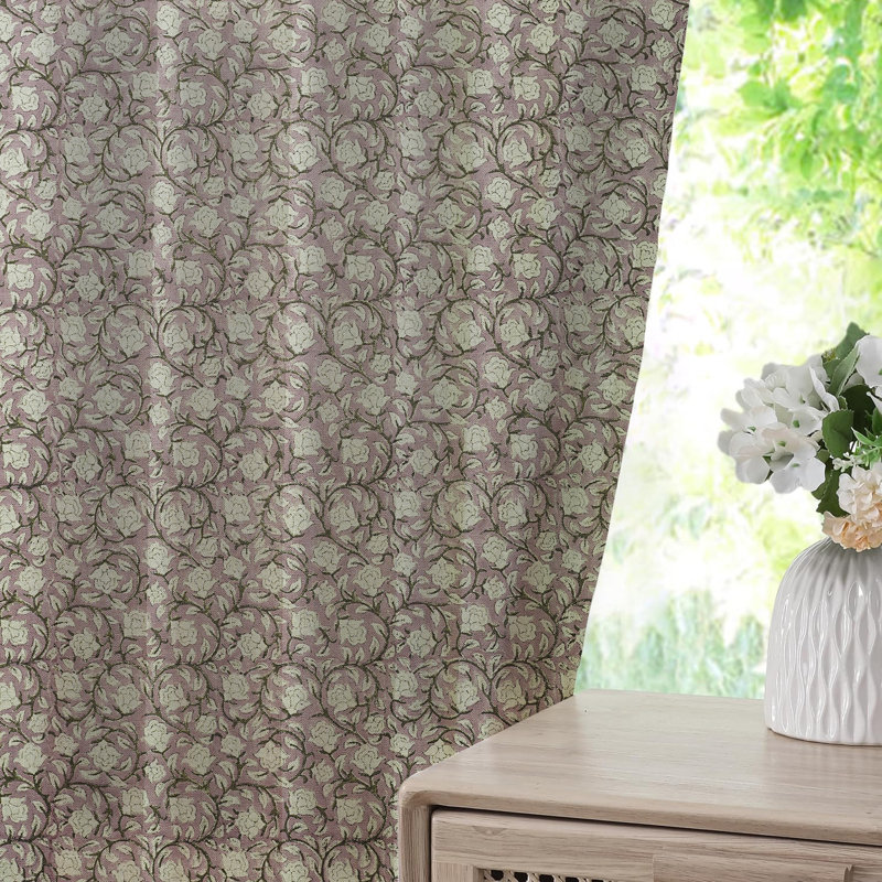 Fabdivine Elegant Linen Curtain Handmade Purple with Floral Block Print, Pleated Pinch Drapes for Home, Office, Living Room, Kitchen, Blackout, Room Darkening, Amritvela