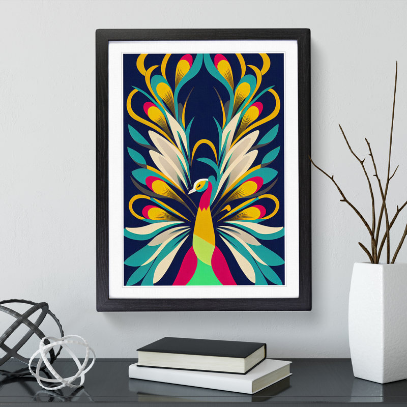 Peacock In Abstract No.4 - Single Picture Frame Print, 34cm H x 25cm W x 2cm D, Black Framed