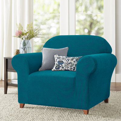1-Piece Jacquard Stretch Couch Covers, Polyester Spandex Sofa Slipcovers, Universal Fit Living Room Machine Washable Furniture Protector for Dogs Pets, Non-Slip Sofa Covers for 1 Cushion Couch (Armchair, Blue)