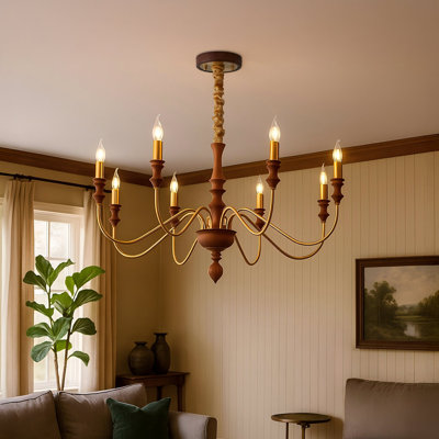 Lustre de salle à manger en bois de noyer: 8 lustres d'îlot de cuisine rétro français avec 8 ampoules E14 - lustres de style champêtre, plafonniers rétro modernes, adaptés aux chambres