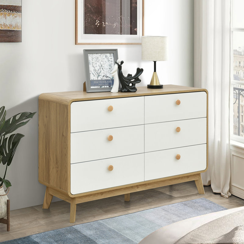 Aries 6 Drawer Dresser for Bedroom, 47.3″ W Modern Wide Chest of Drawers, Wood Storage Organizer for Clothes, Entryway, Hallway, Nursery or Living Room, Oak White