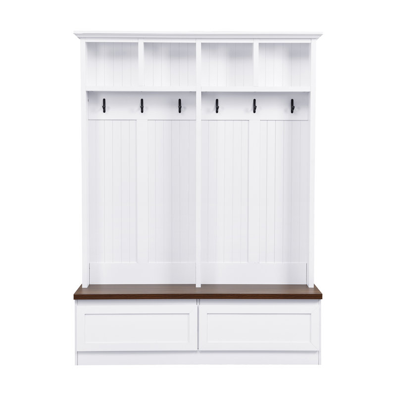 Farmhouse 4-In-1 Hall Tree With Wood Grain Bench, White/Walnut