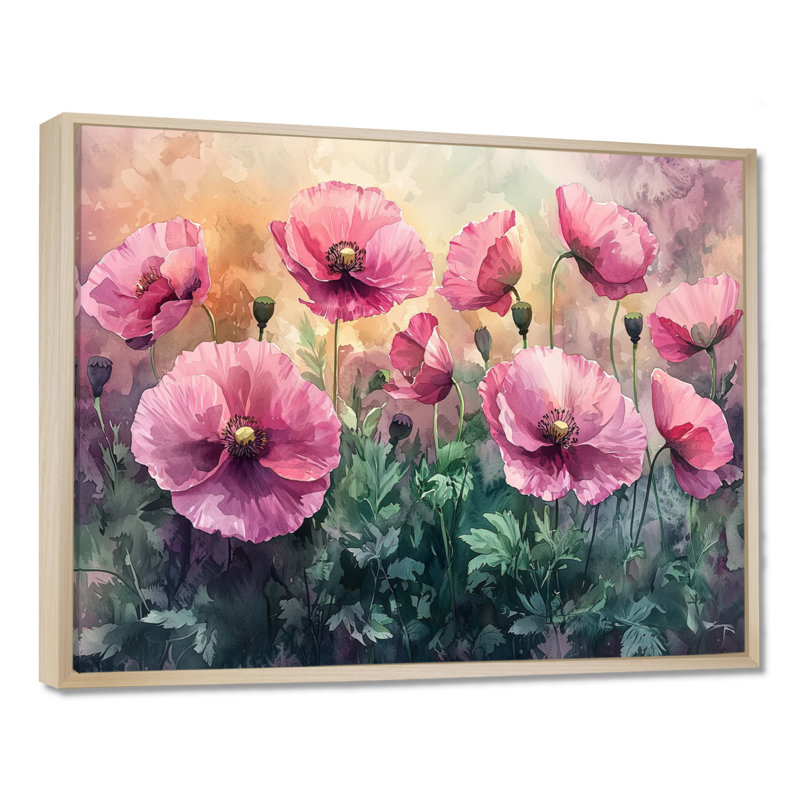 Printemps, coquelicots roses, horizon écarlate II - coquelicots, art mural, H 30 po x l 40 po, Toile tendue