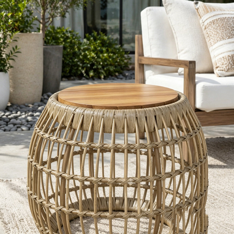 Table d'appoint d'extérieur en bois d'acacia avec base en osier