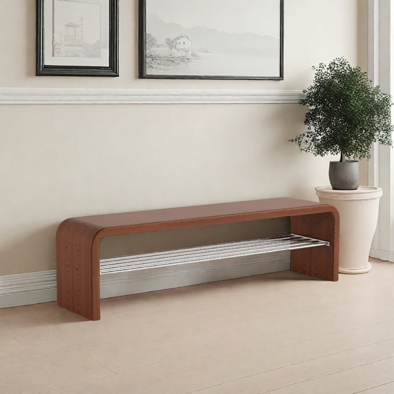 63in Shoe Storage Bench, Light Walnut