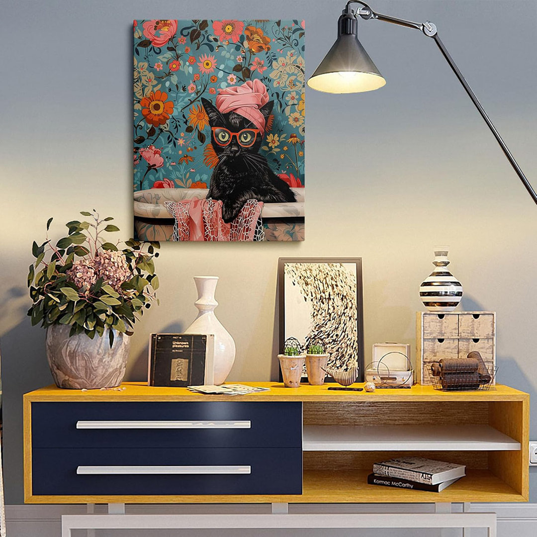 Black Cat In Bathtub Canvas Wall Art, Retro Floral Cat Bathroom Wall Decor, Cute Black Cat Art For Bathroom, Laundry Room Home Decoration