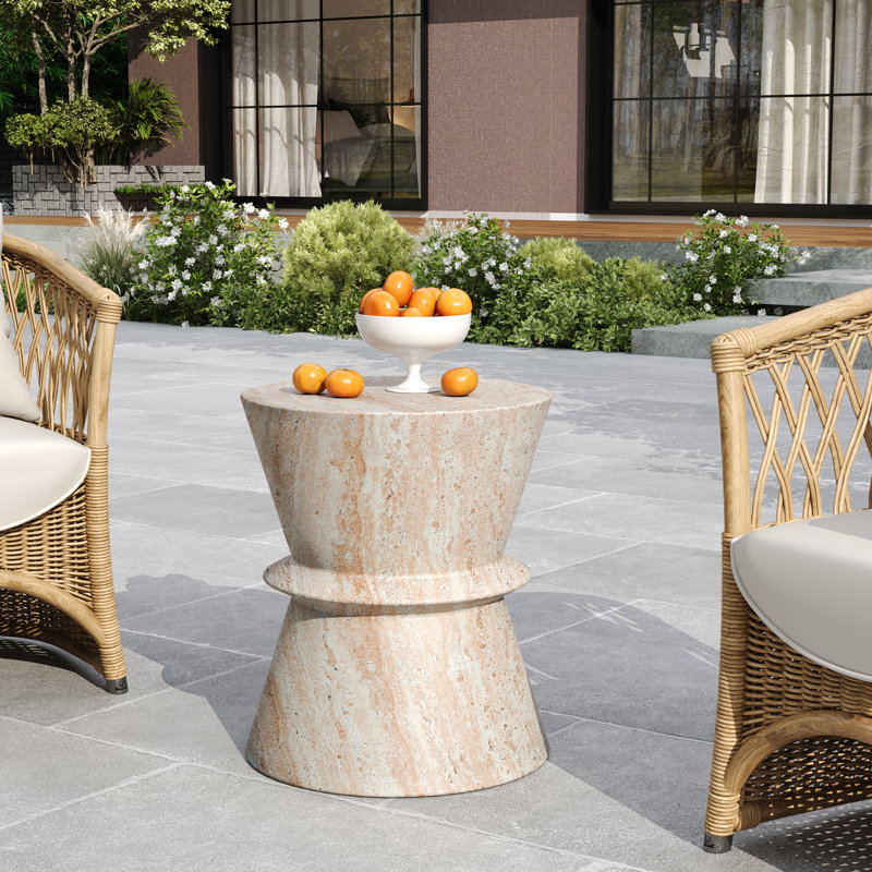 Jacqueline Outdoor Lightweight MGO Side Table with Hourglass Silhouette, Travertine
