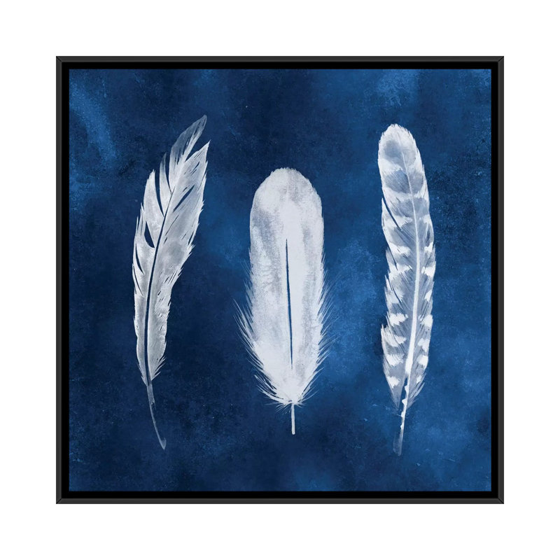 « cyanotype plumes i », impression sur toile, H 26 po x l 26 po x P 1,5 po, Toile avec cadre noir, Pas de tapis