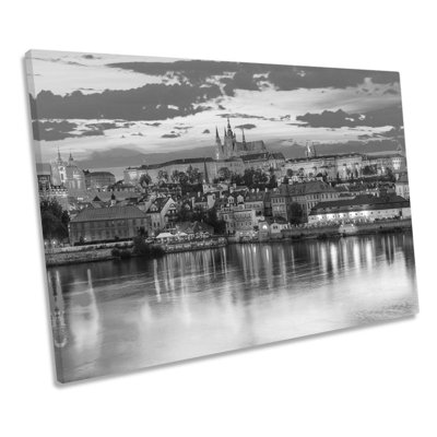 Prague City Sunset Skyline B&W - Wrapped Canvas Print