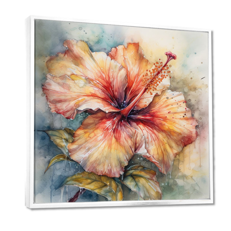 Hibiscus Euphoria II gris orange de Rrahim - art mural hibiscus, H 16 po x l 16 po, Cadre flottant blanc