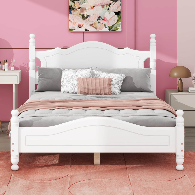  Cadre de lit plateforme en bois, lit plateforme de style rétro, Double, Blanc