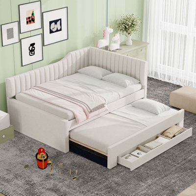 Upholstered Daybed With Trundle And Three Drawers, Beige