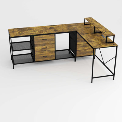 Bureau en L 114 pouces avec prises de courant et USB-C, bureau d'ordinateur industriel avec 6 tiroirs en tissu