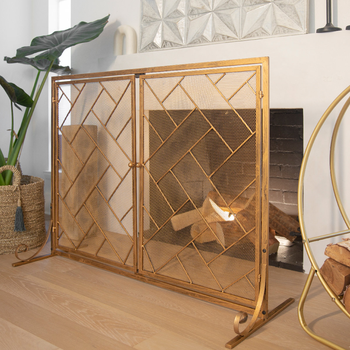 Etta Avenue™ Luciele 2 Panel Iron Fireplace Screen with Bronze/Gold
