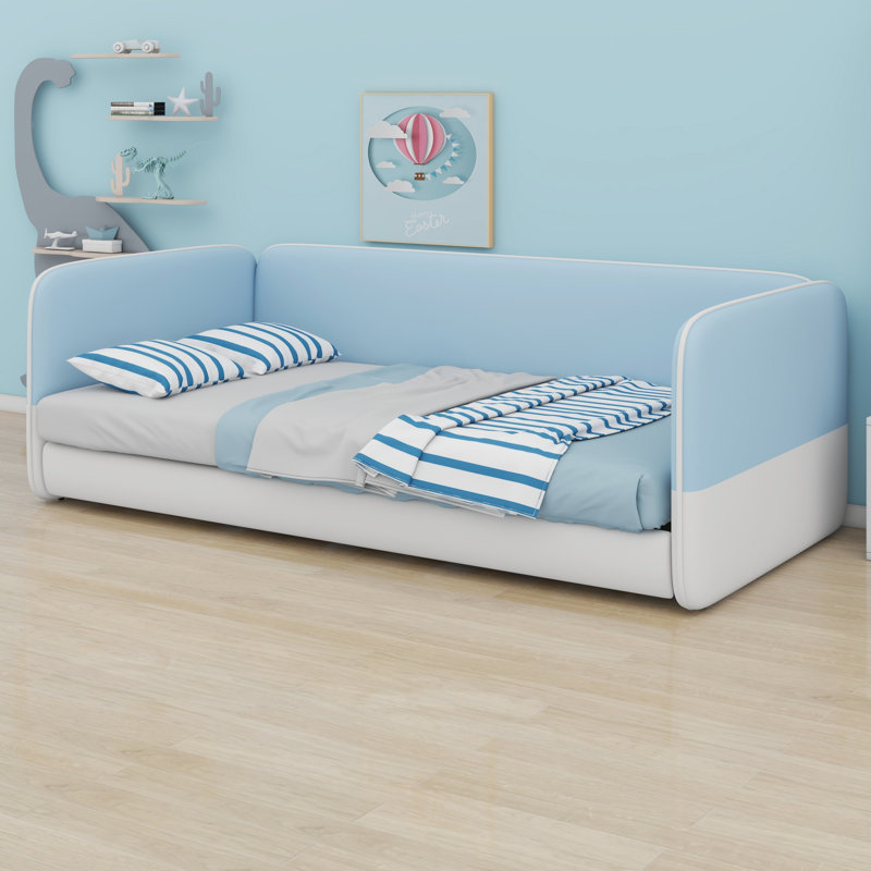 Lit bas de luxe avec tête de lit et accoudoirs, Bleu