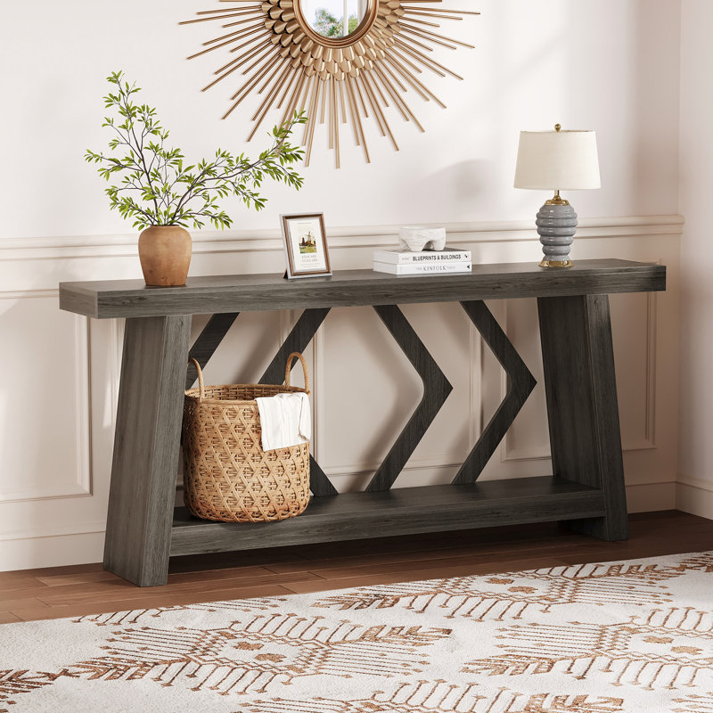 Farmhouse Wood Console Table with Geometric Cross-Brace Legs, 2-Tier Entryway Table with Lower Shelf, Narrow Sofa Table for Living Room, Hallway
