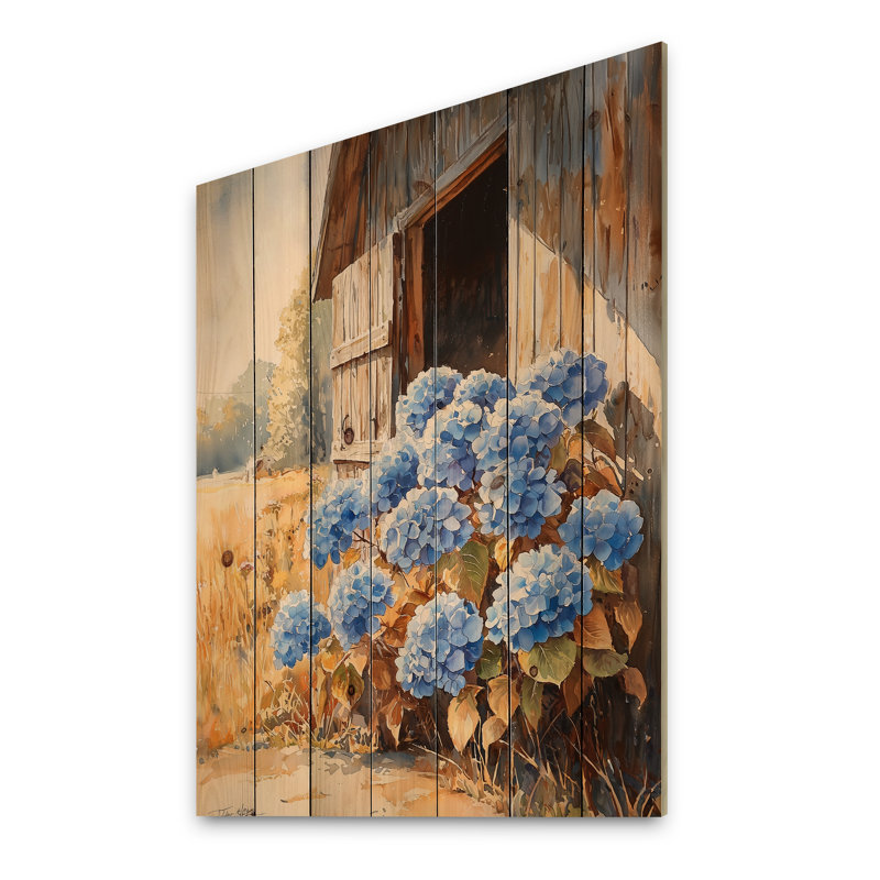 Hydrangeas By The Stable Door I - Hydrangea Wood Wall Decor - On Natural Pine Wood, 40" H x 30" W x 0.78" D