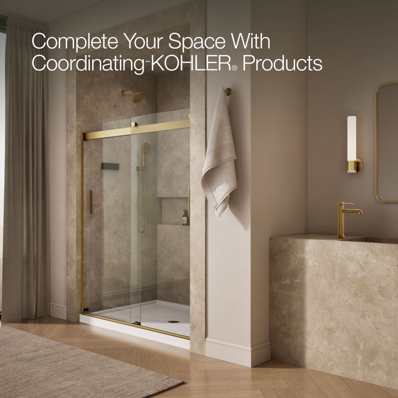 Levity 74" H x 59.63" W Bypass Shower Door with CleanCoat® Technology, Moderne Brass, Crystal Clear