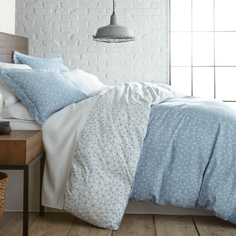 Literie réversible Southshore Fine Linens à motif géométrique bleu, en microfibre doublement brossée 100 g/m², fermeture éclair et attaches aux coins, 1 housse de couette et 2 taies d'oreiller, taille grand/grande
