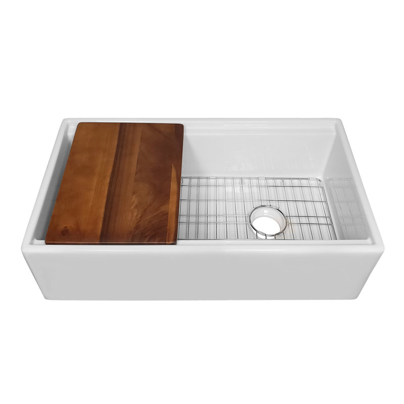 Whitehaus Collection Front Apron Single Bowl Fireclay Kitchen Sinks with Cutting Board and Grid, 33"