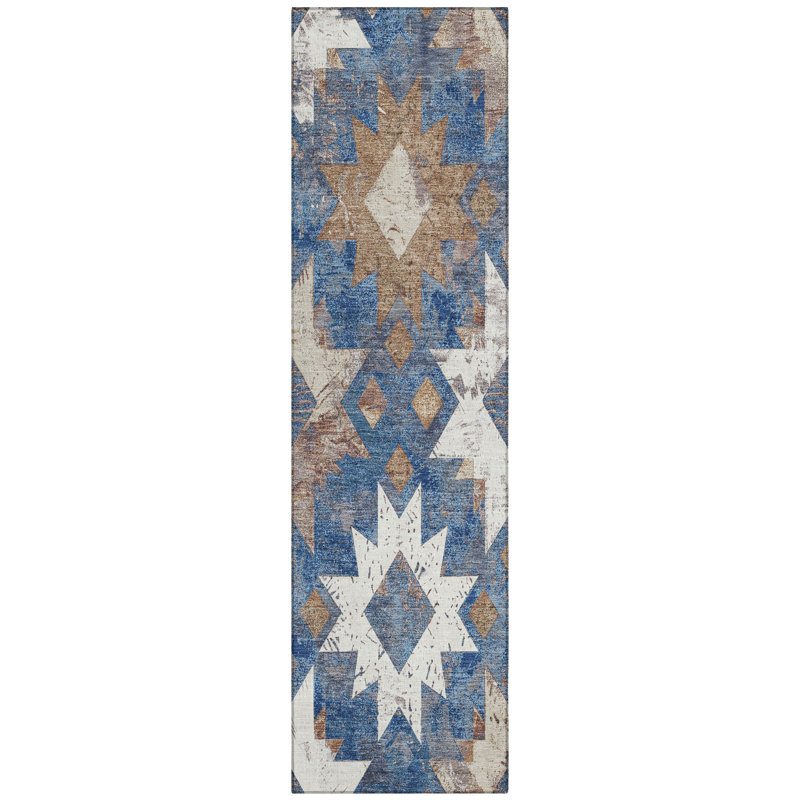 Machine Washable Indoor/Outdoor Xhevrie Blue Rug, Runner 2'3" x 7'6"