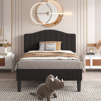 Twin Size Dark Gray Teddy Fabric Upholstered Platform Bed Frame with Height-Adjustable Headboard, Noise-Free Storage Design, No Box Spring Needed
