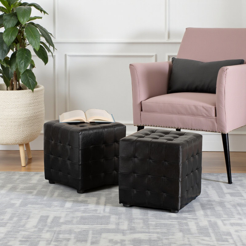 Richardson Faux Leather Square Ottoman in Black, 14.5'' H X 14.1'' W X 14.1'' D, Black Faux Leather