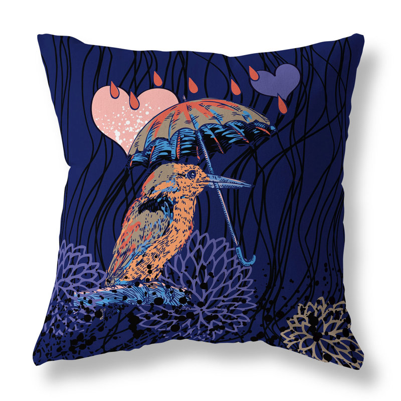 Coussin décoratif réversible oiseau avec parasol, H 20 po x l 20 po, Bleu/orange