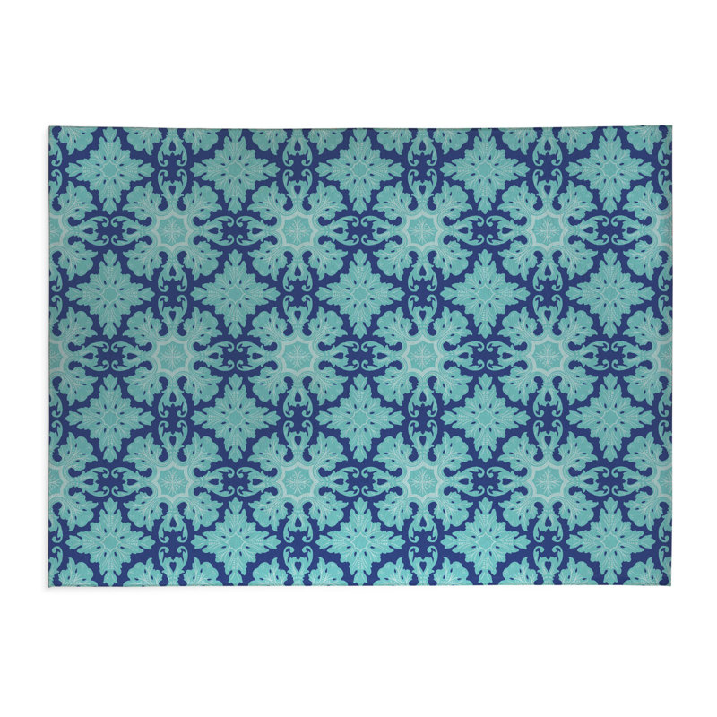 Damask Tile Thin Lightweight Kitchen Mat, Blue, Rectangle 5' x 7'