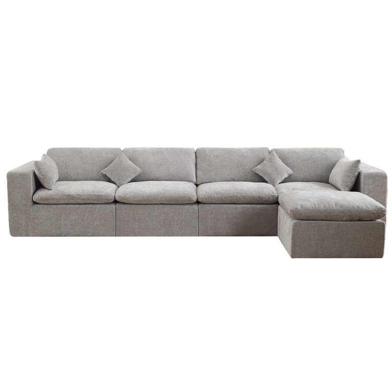 Compression Sectional Couch with Ottoman, 5, Light Gray Chenille