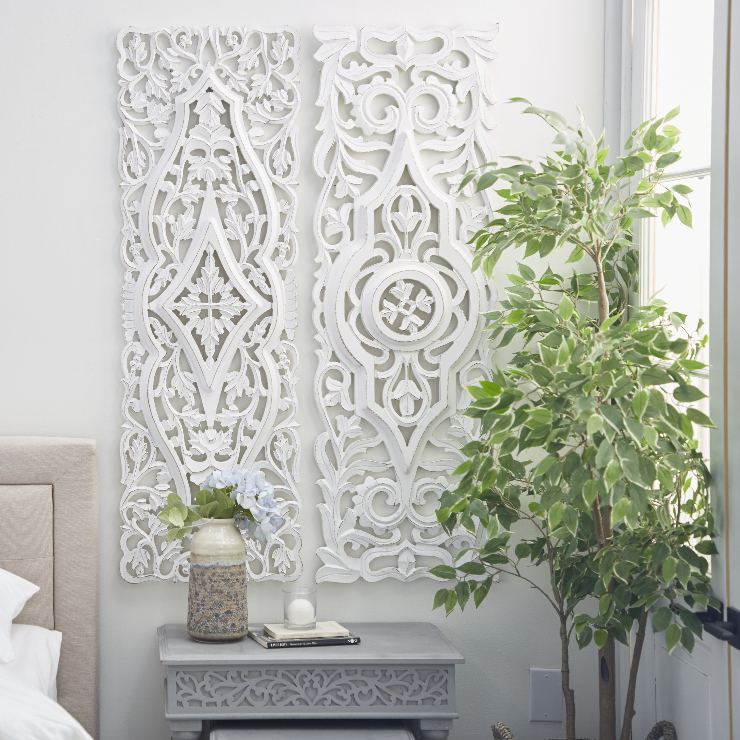 One Allium Way® Wood Handmade Intricately Carved Arabesque Floral White ...