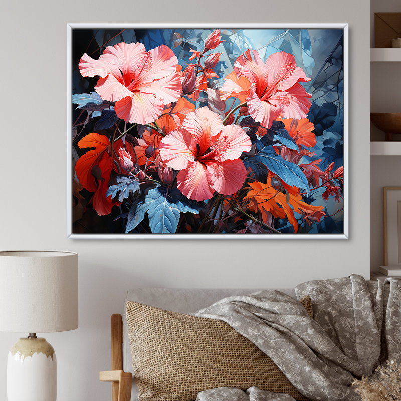Hibiscus rose et bleu, charme moderne sur toile, Cadre flottant blanc, H 24 po x l 32 po x P 1 po