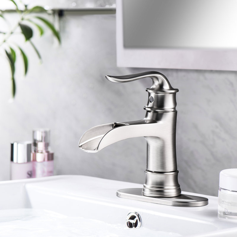 Brushed Nickel Bathroom Faucet With Waterfall Flow, Single Hole, Splash Feature, 7.75'' Pop Up Drain, Easy Maintenance