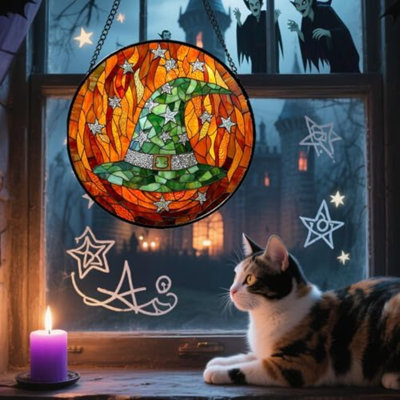 Vitrail suspendu - décorations d'Halloween chapeau de sorcière attrape-soleil pour les portes de jardin intérieur effrayant drôle vert soleil attrape le décor gothique horreur cadeaux pour les femmes hommes ami 11,8 po