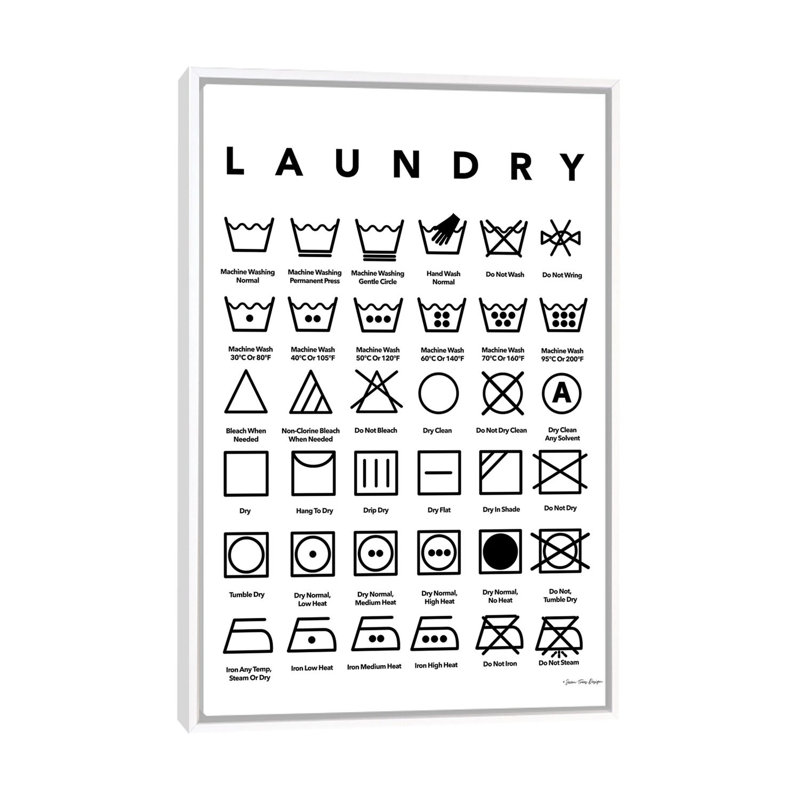 «Laundry Symbols» par Seven Trees Design - impression d'art textuel, Pas de tapis, 40" H x 26" W x1.5" D, White Frame