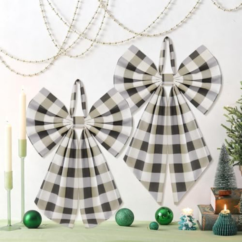 Christmas Plaid 2 Pcs Wreath Bows 19.6'' x 11.8'' Large Wreath Sash for Front Door Party Yard Doorway Indoor Outdoor Wall Decoration (Olive Green)