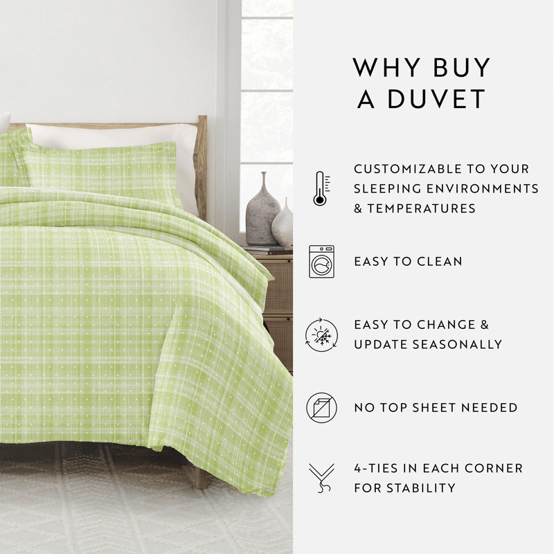 Moss Green and White Plaid Queen Duvet Cover Set