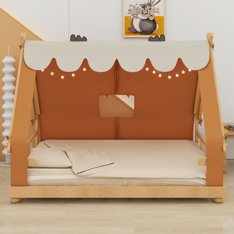 Lit maison avec tente et lumière, Brun