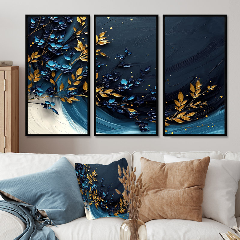 Ensemble de salon art mural fougères dorées et bleu clair au clair de lune, Toile avec cadre flottant noir