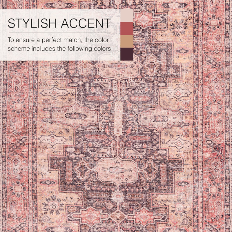 Machine Washable Carlita Oriental Pink Area Rug, Rectangle 2'6" x 7'6"