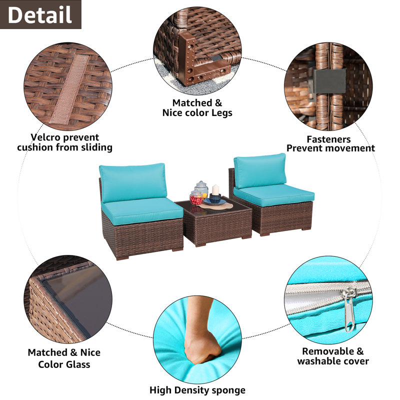 Aksh Wicker 2 - Person Patio Conversation Set with Cushions, Brown Frame/Blue Cushion