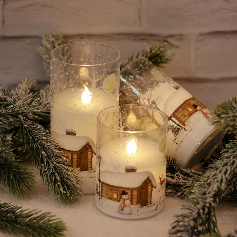 White Christmas Glass Flickering Flameless Candles Battery Operated With 10-Key Remote And Timer Set Of 3 Real Wax Holiday LED Window Pillar Candles(Snowman Decal, 3 X 4, 5, 6 Inches)