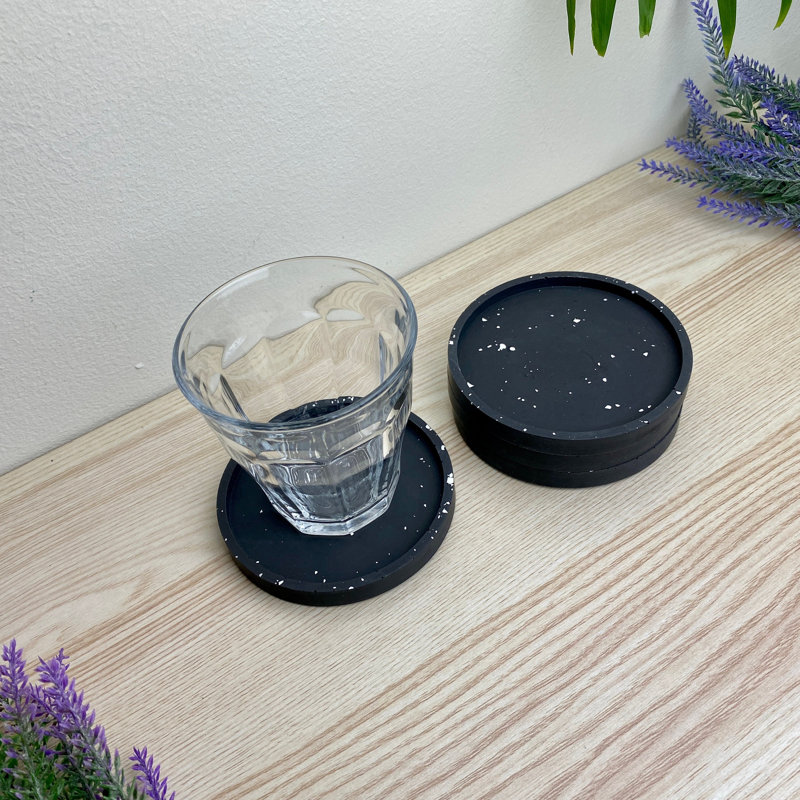 Stoneware Round 4 Piece Coaster Set, Black Terazzo