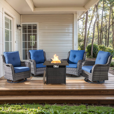 Chalsea 4 - Person Swivel Glide Chair Outdoor Seating Group with Fire Pit with Cushions
