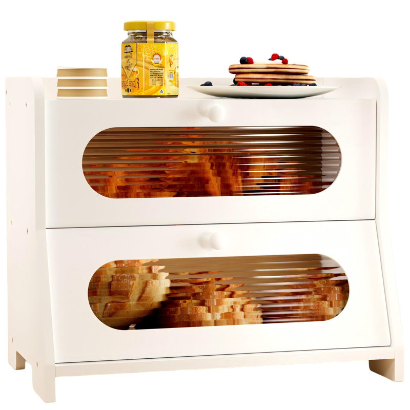 Extra Large Bamboo Bread Box With Magnetic Acrylic Door, 2-Tier, (White)
