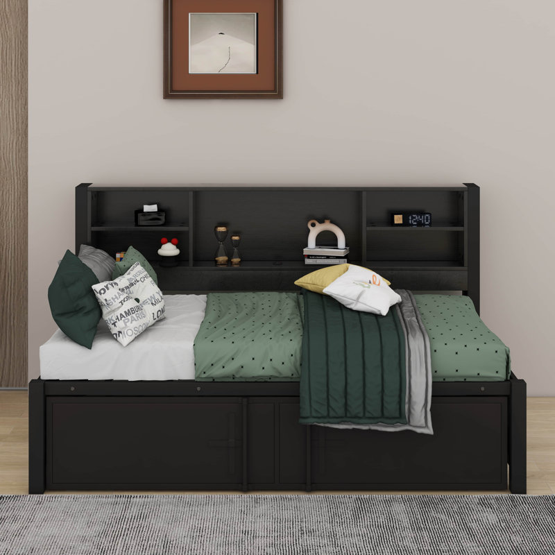 Metal Twin Size Daybed With Trundle, Shelves And USB, Black