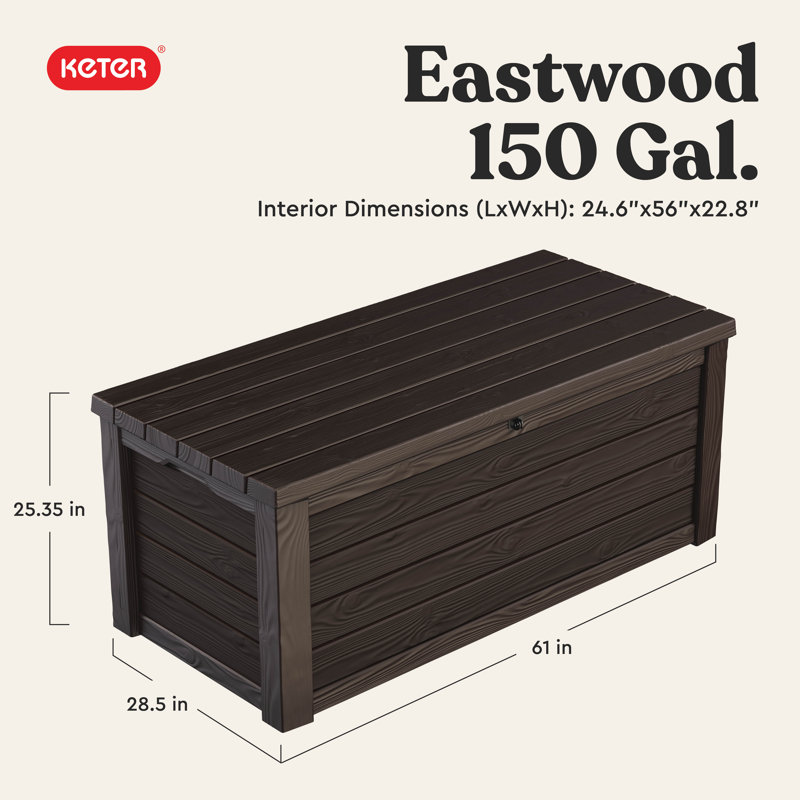 Keter Eastwood 150 Gallon Durable Resin Outdoor Storage and Organization Deck Box For Patio Furniture and Supplies, Brown