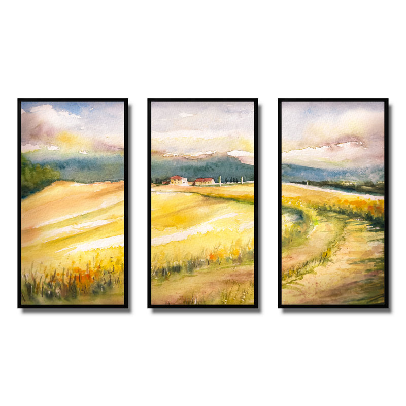 «Golden Fields of Tuscany Italy», reproduction sur toile flottante 3 pièces, H 28 po x l 36 po, Noir