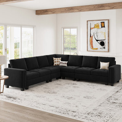 Canapé modulaire en L en bois massif de 6 pièces Shavera