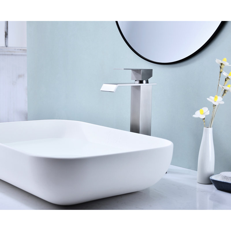 Robinet de salle de bain avec bec cascade, finition en nickel brossé, aérateur de 1,2 gallon par minute, bonde escamotable, facile à installer pour lavabo de meuble-lavabo